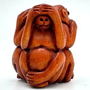 Ojime Bead 3 Monkeys Hear See Speak No Evil Hand-Carved Boxwood Signed Figurine